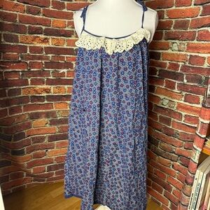 VINTAGE Blue Floral Sleeveless Dress with Lace Trim